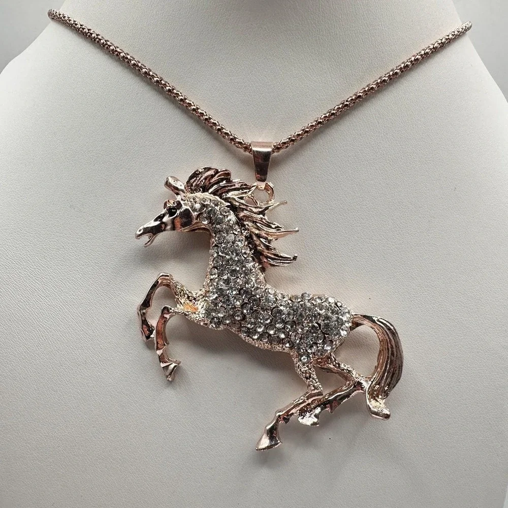 Vintage 90s Betsey Johnson Unicorn Necklace Rose Gold Tone Glass Pendant Jewelry